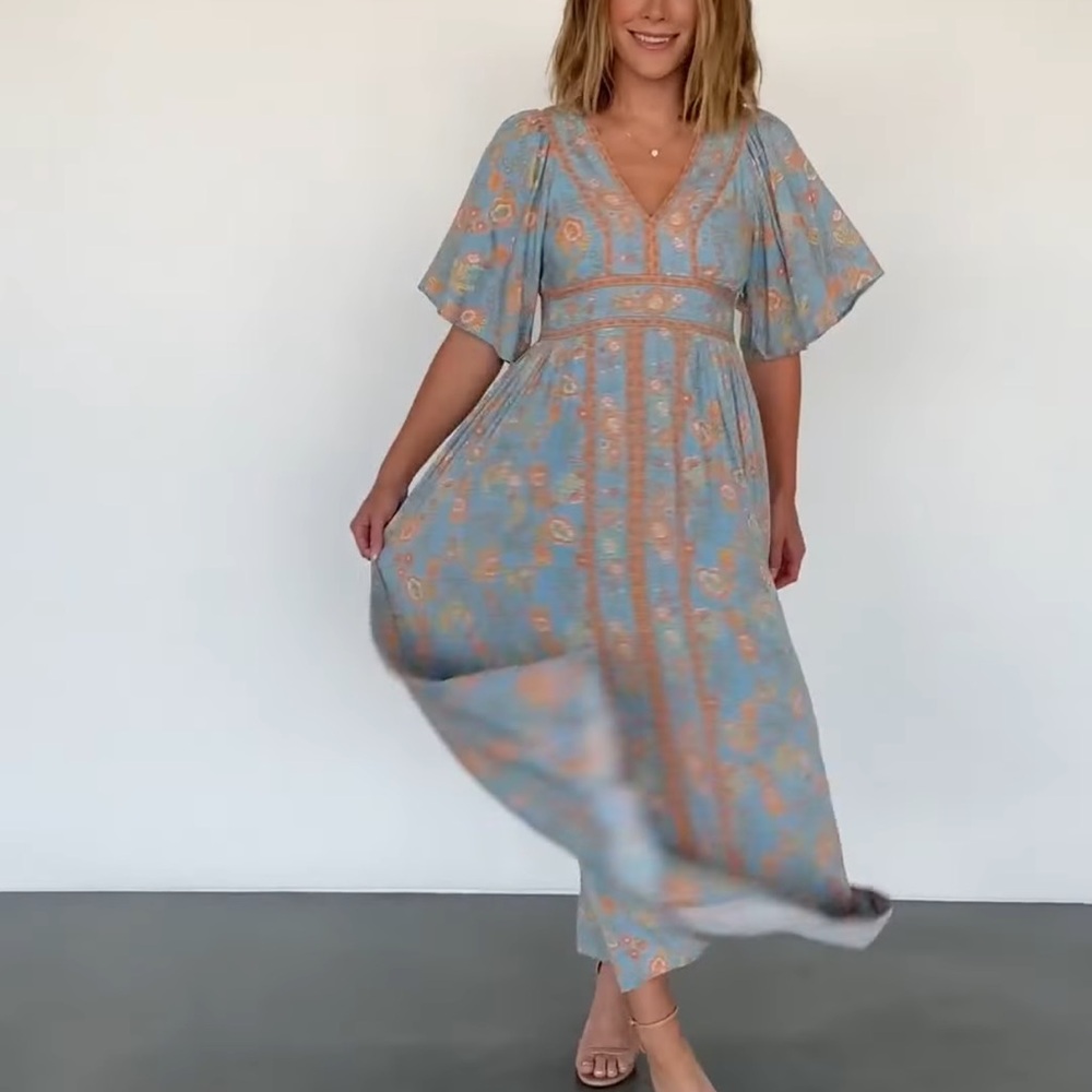 Baltic Born Blue Flutter Sleeve Maxi Dress for Wedding Guests nwt
